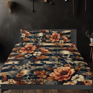 Floral Stripes and Skulls Three Piece Bedding Set Spooky Gothic Duvet Cover Set