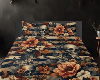 Juego de cama de tres piezas con diseño de rayas florales y calaveras, funda nórdica gótica espeluznante