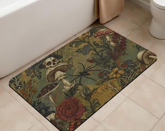 Mushrooms Spiders and Skulls Bath Mat Gothic Bathroom Decor