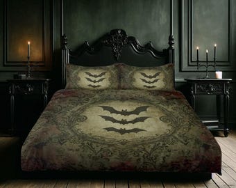 Vleermuizen en damast, barok, vintage geïnspireerde driedelige beddengoedset Spooky gotische dekbedovertrekset