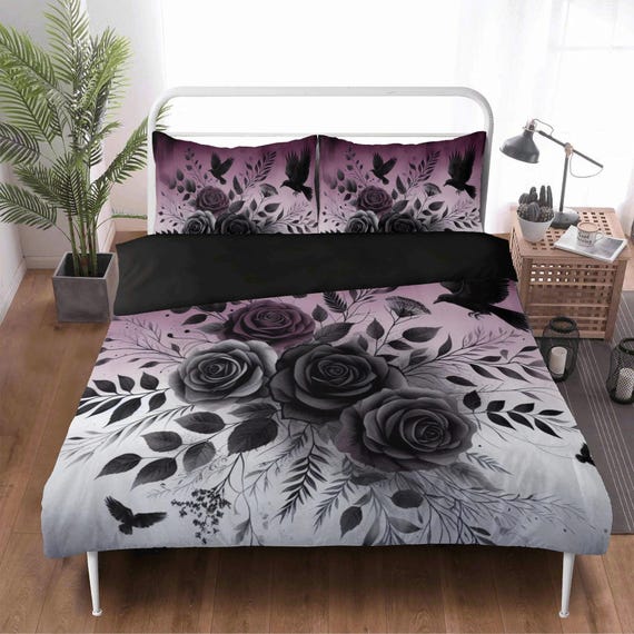 Rosen und Krähen dreiteiliges Bettwäsche-Set Spooky Gothic Bettbezug-Set Lila Grau Ombre