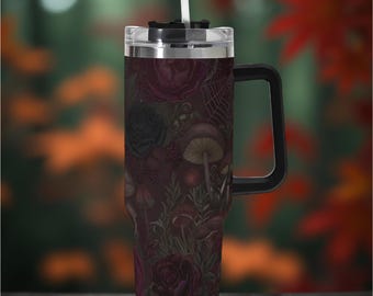 Dark Florals Mushrooms and Spiderwebs Tumbler 40 oz Gothagecore Mug