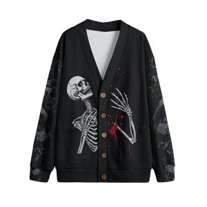 Spooky Skeleton Unisex V-neck Knitted Fleece Cardigan With Buttons Spooky Gothic Halloween Sweater