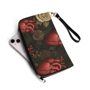 Cartera anatómica de corazones y rosas. Cartera gótica espeluznante con correa de muñeca extraíble. Accesorios góticos. Carteras macabras.