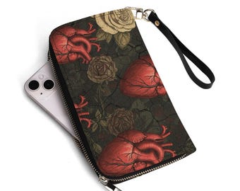 Cartera anatómica de corazones y rosas. Cartera gótica espeluznante con correa de muñeca extraíble. Accesorios góticos. Carteras macabras.