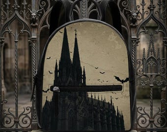Dark Aesthetic Purse, Gothic Cathedral with Bats Mini Leather Backpack