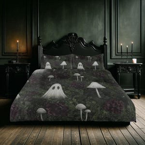 Ghost and Mushrooms Three Piece Bedding Set Spooky Gothic Duvet Cover Set Gothagecore Bed Set