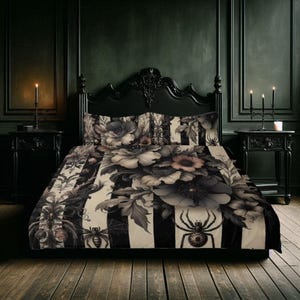 Florals Stripes and Spiders Three Piece Bedding Set Spooky Gothic Duvet Cover Set