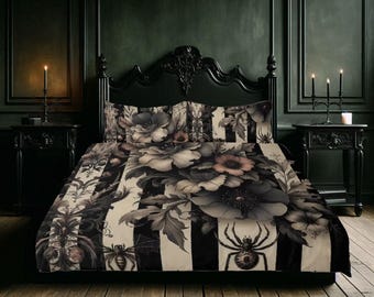 Juego de cama de tres piezas con estampado floral, rayas y arañas, funda nórdica gótica espeluznante