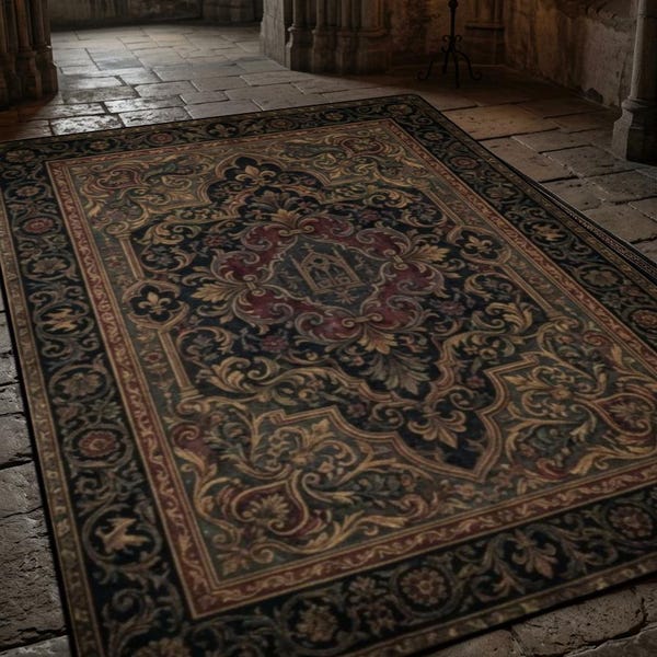 Persian Style Fleur De Lis Gothic Washable Area Rug, Dark Academia Floor Rug Non Slip Gothic Rug Machine Washable Accent Rug Goth Home Decor