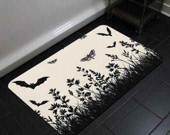 Alfombra de baño con plantas, murciélagos y polillas, decoración gótica para el baño.