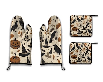 Ensemble de gants de cuisine et de casseroles, citrouilles et chapeaux de sorcière, accessoires de cuisine gothiques fantasmagoriques