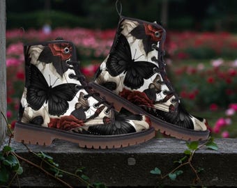 Butterflies and Roses Combat Boots Gothic Floral Vegan Leather Boots