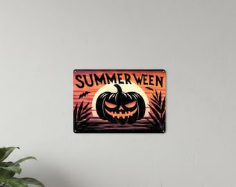 Cartello in metallo con zucca Summerween, tramonto, decorazione da parete estiva spettrale