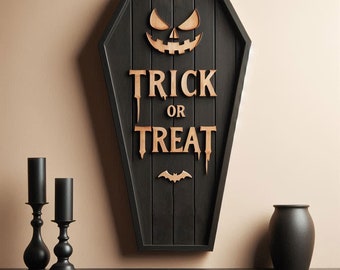 Trick Or Treat Coffin Shaped Wood Sign Spooky Halloween Wall Art Decor