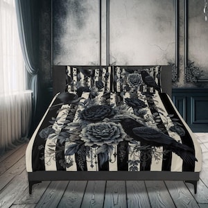 Stripes Ravens and Roses Three Piece Bedding Set Spooky Gothic Duvet Cover Set Moody Bed Set