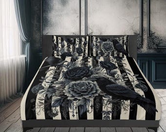 Driedelige beddengoedset strepen Ravens and Roses Spooky Gothic dekbedovertrekset Beddenset Moody