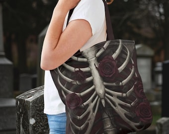 Bolsa de mano con torso de esqueleto y rosas, estilo gótico espeluznante, para Halloween.