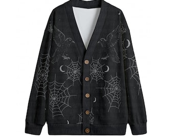 Cárdigan de punto de polar con cuello en V, botones, diseño gótico, suéter de bruja, cárdigan de Halloween, lunas de cuervos y telarañas