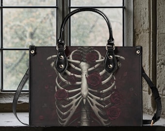 Skeleton Torso with Roses Handbag Spooky Gothic Purse with Removable Strap Dark Aesthetic Bag