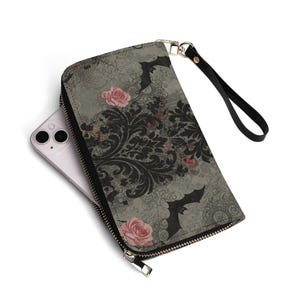 Cartera de damasco con murciélagos y rosas Cartera gótica espeluznante con correa de muñeca extraíble Carteras barrocas