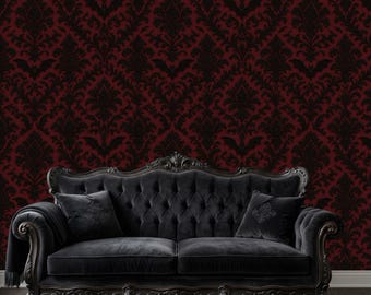 Rot und schwarz Barock Gothic Fledermäuse und Damast Peel and Stick Wallpaper, Gothic Wall Decor Abnehmbare selbstklebende Akzentwand Moody Wallpaper