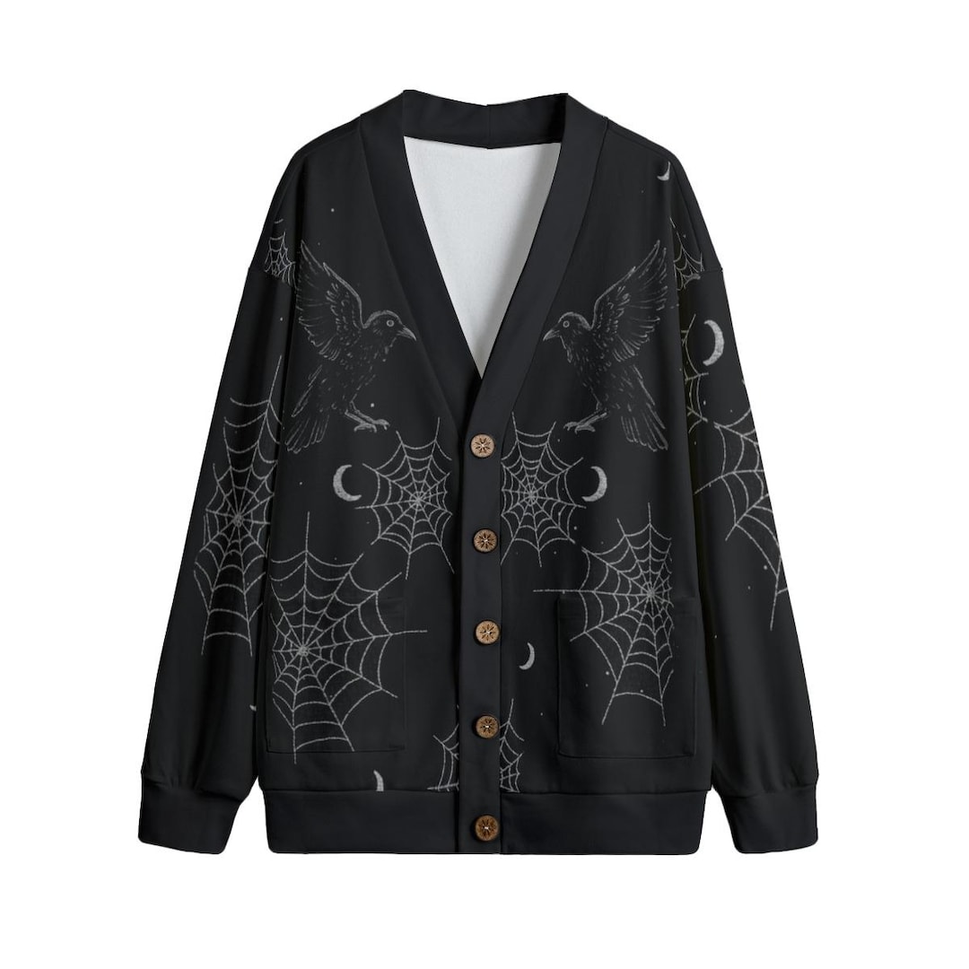Ravens Moons and Spiderwebs V-neck Knitted Fleece Cardigan