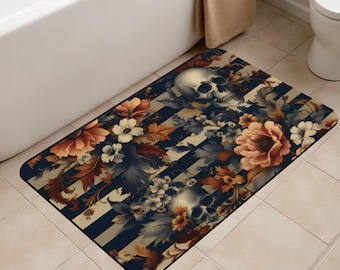 Skulls and Floral Striped Bath Mat Gothic Bathroom Decor