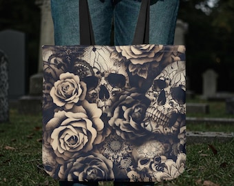 Lace Skulls and Roses Tote Bag Gothic Tote