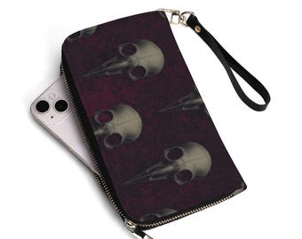 Cartera con calaveras de cuervo, cartera gótica espeluznante con correa de muñeca extraíble, cartera de estética macabra y oscura.