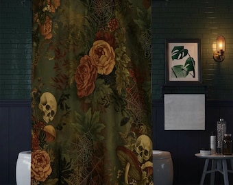 Douchegordijn met spinnenwebben, schedels, paddenstoelen en bloemen, griezelig douchegordijn, gotisch douchegordijn, donkere badkamerdecoratie
