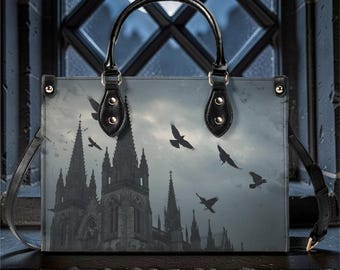 Spooky gotische portemonnee met afneembare riem, handtas gotische architectuur met vliegende raven, portemonnee gotische kathedraal, humeurige schoudertas