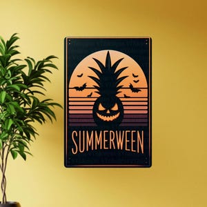 Summerween Pineapple Metal Sign Sunset Spooky Summer Wall Art Decor