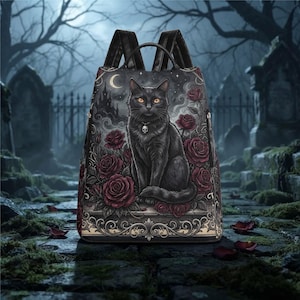 May include: A black backpack featuring a graphic print of a black cat with orange eyes wearing a skull pendant, surrounded by dark red roses. The background depicts a silhouette of a castle under a crescent moon, with ornate scrollwork at the base.