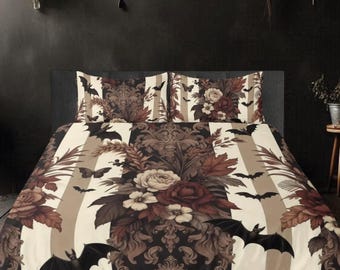 Driedelige beddengoedset herfstbloemen strepen en vleermuizen Spooky Gothic dekbedovertrekset