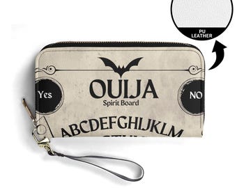 Cartera de piel Ouija, cartera gótica espeluznante con correa de muñeca extraíble