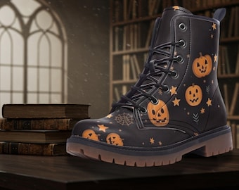 Pumpkins and Spiderwebs Halloween Print Casual Leather Lightweight Combat Boots Spooky Gothic Boots