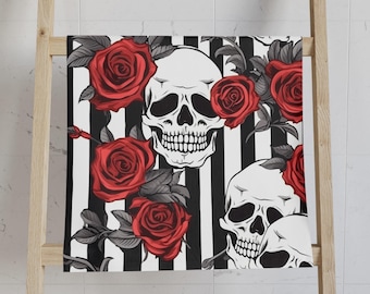 Black White Striped Red Roses And Skulls Hand Towel