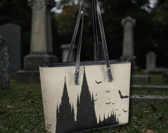 Gothic Cathedral With Bats Leather Tote Bag Spooky Gothic Handbag Purse