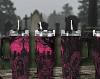 Schwarze Katzen auf dem Friedhof von Pink 40 Unzen Becher Gruselige Gothic Becher Halloween Becher