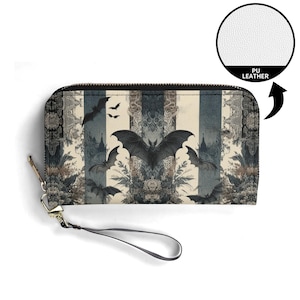 Cartera de piel con estampado floral barroco de murciélagos y rayas, con correa de muñeca extraíble