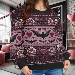 Suéter de San Valentín con murciélagos, calaveras, corazones y rosas, estilo gótico espeluznante.