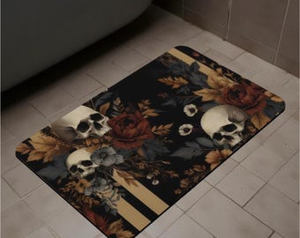 Moody Floral and Skulls Bath Mat Gothic Bathroom Decor