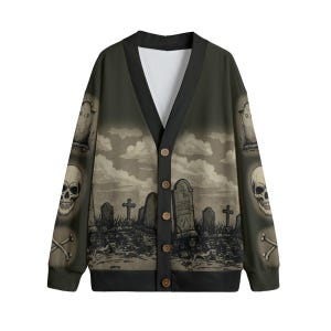 Graveyard V-neck Button Up Cardigan Spooky Gothic Cardigan Halloween Sweater
