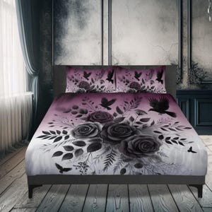 Roses and Crows Three Piece Bedding Set Spooky Gothic Duvet Cover Set Purple Gray Ombre