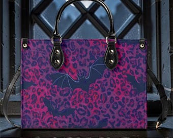 Bolso gótico tenebroso con correa extraíble, estampado de leopardo rosa y morado con murciélagos, bolso de mano sombrío, bolso gótico pastel
