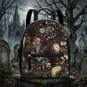 May include: A black backpack featuring a dark, intricate print of a skeleton girl holding a red rose, a skeleton cat, and a rabbit in a top hat. The design includes melting clocks, skulls, and ornate gold flourishes on a deep burgundy background.