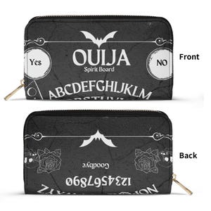 Cartera de cuero Ouija negra, cartera gótica espeluznante con correa de muñeca extraíble