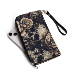 Cartera de encaje con calaveras y rosas Cartera gótica espeluznante con correa de muñeca extraíble Cartera barroca victoriana