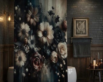 Dark Moody Floral Shower Curtain, Gothic Shower Curtains, Dark Aesthetic Bathroom Decor